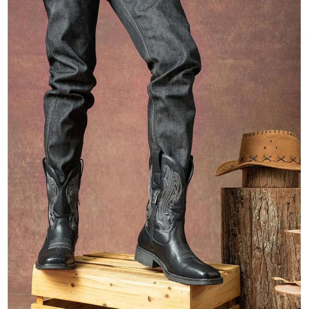 🆕Jousen Mens Amy8420-black Embroidery Retro Square Toe Chunky Heeled Boots - Picture 11 of 12